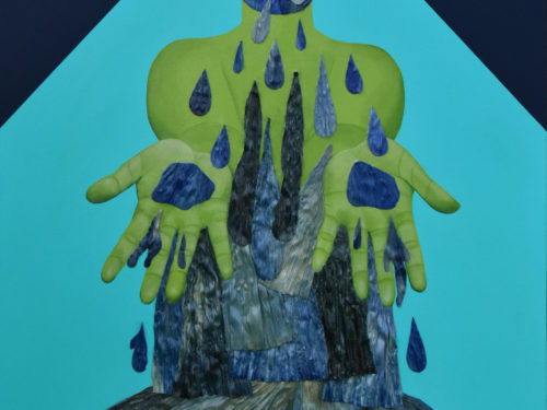 A painting depicting a stylized human figure who appears to be crying. The figure's face and lower torso are depicted as being made of water.