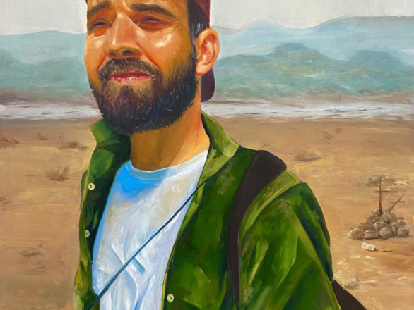 A painting depicting a young man, wearing a backpack and a backwards baseball cap, hiking across a sandy landscape and sweating in the sun.