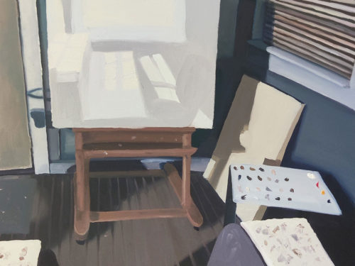 An oil painting depicting an artist's studio, with an easel and a canvas.