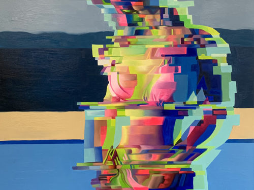A painting showing a female body, distorted by colorful glitches.