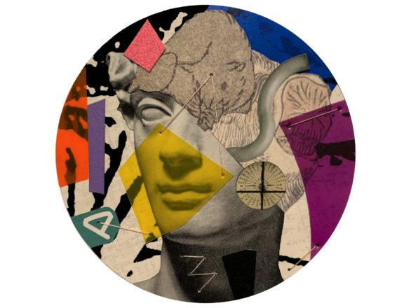 A circular collage that includes an image of a roman bust, a pencil drawing of a hog, and bits of colored paper and film.