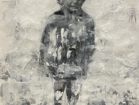 An achromatic painting of a boy, with thick impasto, by bradycollings.