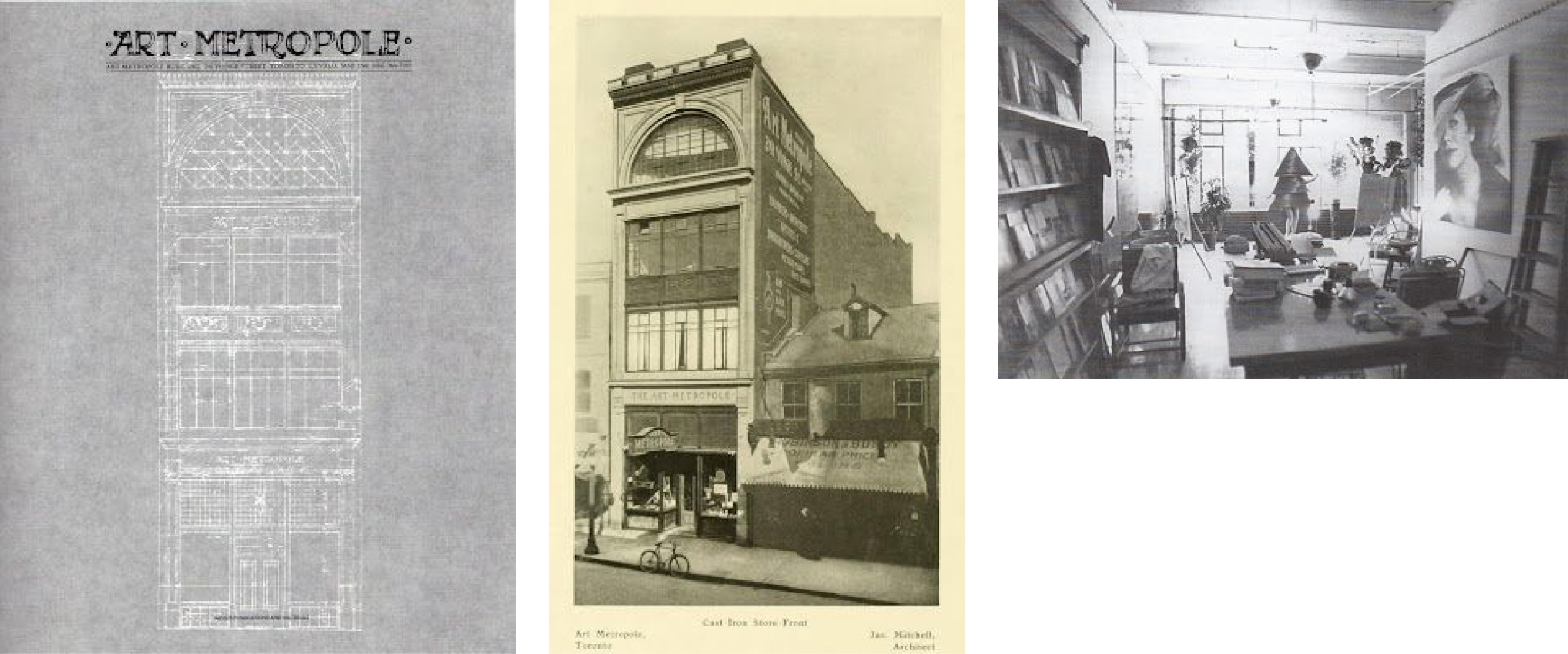 Illustration and photograph of a building; Photograph of a building, office interior photograph